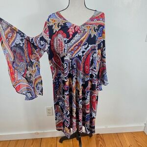 MSK Paisley Print Dress Women 2X Multi-Color Bell Sleeve Boho Shift Knee Length